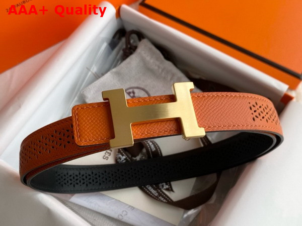Hermes Mini Constance Martelee Belt Buckle Reversible Leather Strap 24mm Orange and Black Perforated Leather Replica