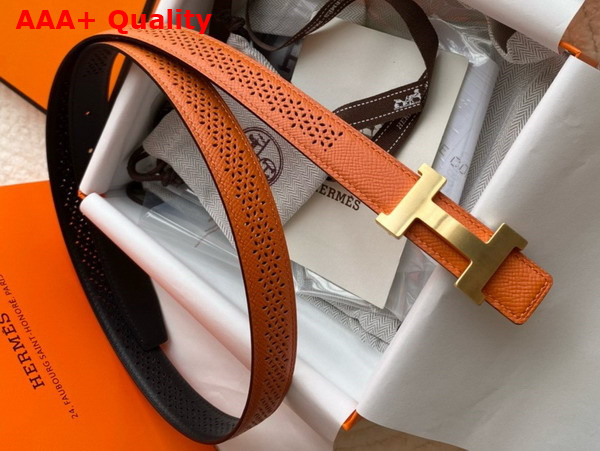 Hermes Mini Constance Martelee Belt Buckle Reversible Leather Strap 24mm Orange and Black Perforated Leather Replica