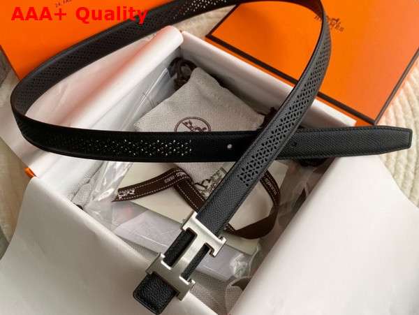 Hermes Mini H Belt Buckle Reversible Leather Strap 24mm Black Perforated Leather Replica