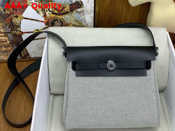 Hermes Mini Herbag in Beige Canvas and Black Calfskin Replica