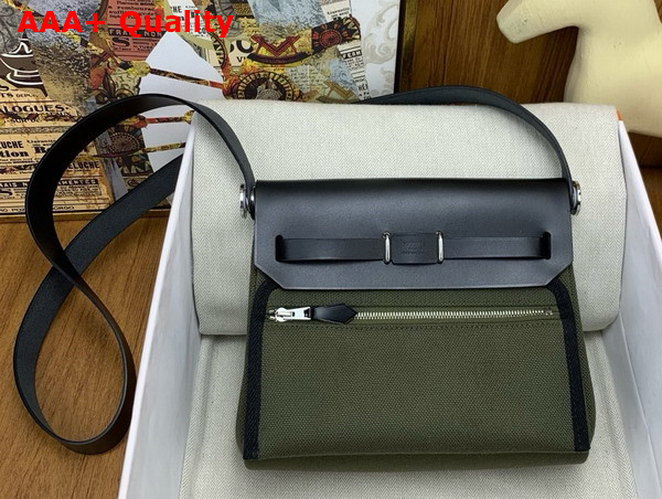 Hermes Mini Herbag in Dark Green Canvas and Black Calfskin Replica