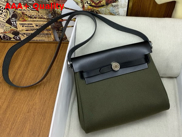Hermes Mini Herbag in Dark Green Canvas and Black Calfskin Replica