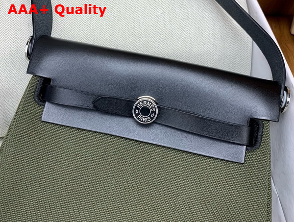 Hermes Mini Herbag in Dark Green Canvas and Black Calfskin Replica