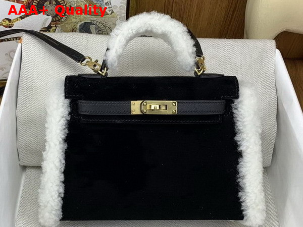 Hermes Mini Kelly Bag in Black Suede and Shearling Replica