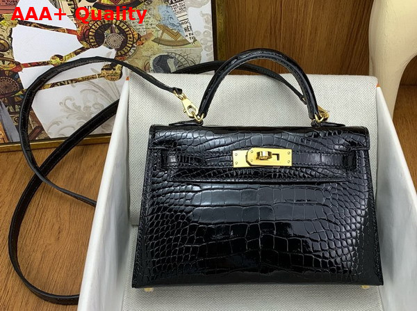 Hermes Mini Kelly II Bag in Black Shiny Alligator Leather Replica