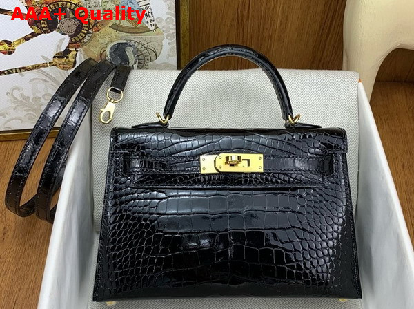 Hermes Mini Kelly II Bag in Black Shiny Alligator Leather Replica