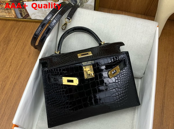 Hermes Mini Kelly II Bag in Black Shiny Alligator Leather Replica