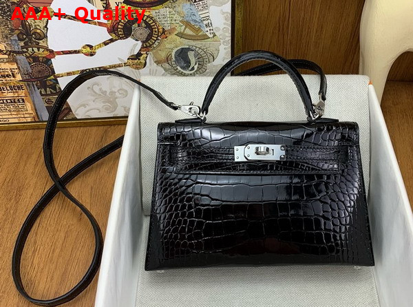 Hermes Mini Kelly II Bag in Black Shiny Alligator Leather Replica