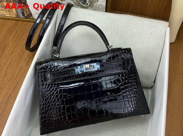 Hermes Mini Kelly II Bag in Black Shiny Alligator Leather Replica