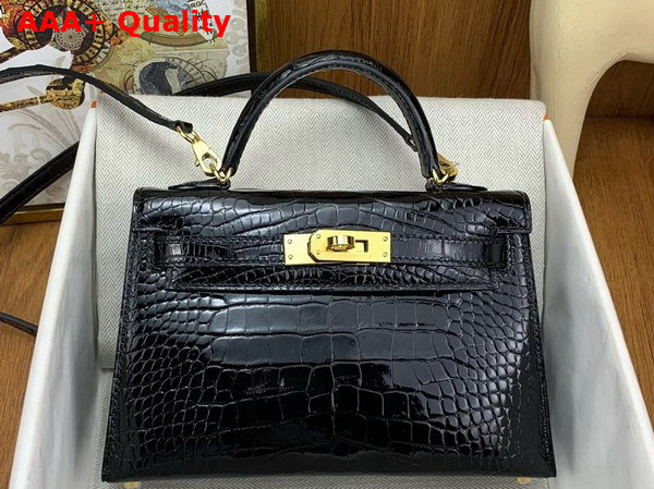 Hermes Mini Kelly II Bag in Black Shiny Alligator Leather Replica