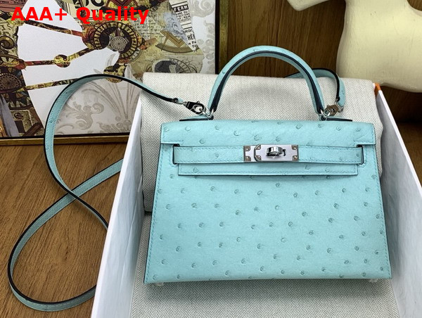 Hermes Mini Kelly II Bag in Blue Atoll Ostrich Leather Replica