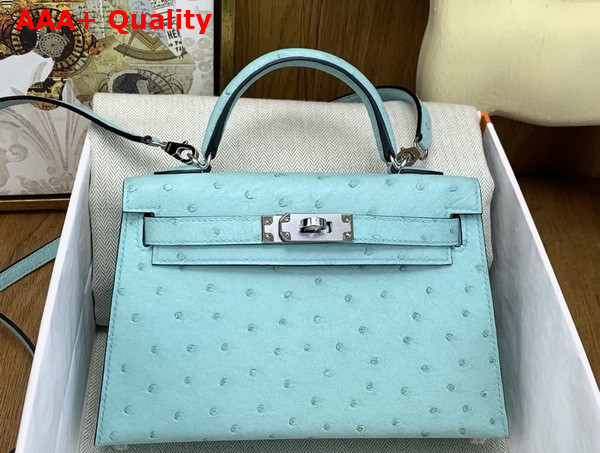 Hermes Mini Kelly II Bag in Blue Atoll Ostrich Leather Replica