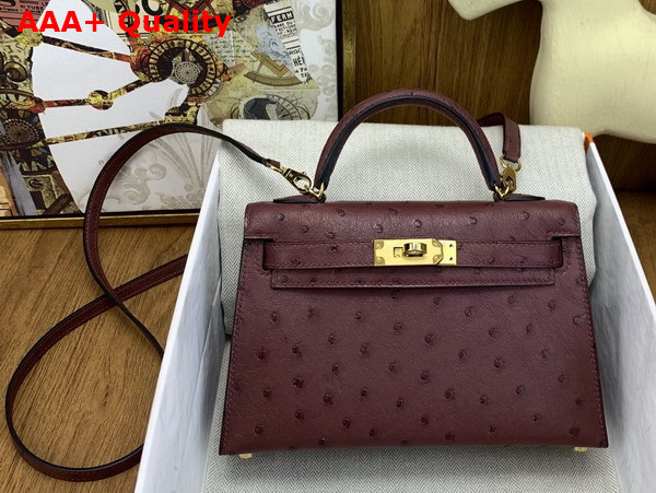 Hermes Mini Kelly II Bag in Bordeaux Ostrich Leather Replica