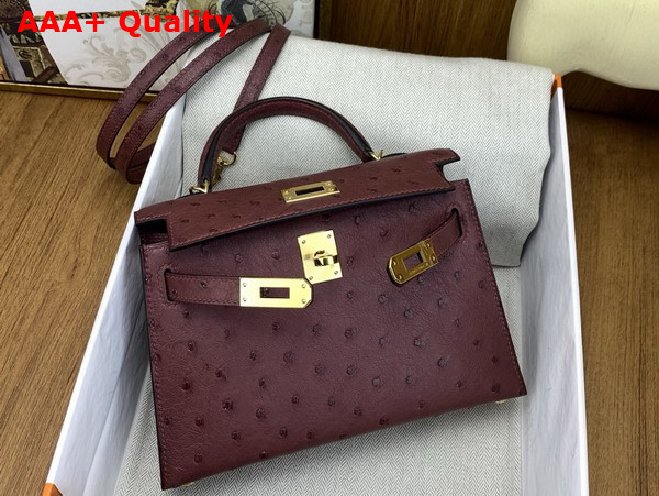 Hermes Mini Kelly II Bag in Bordeaux Ostrich Leather Replica
