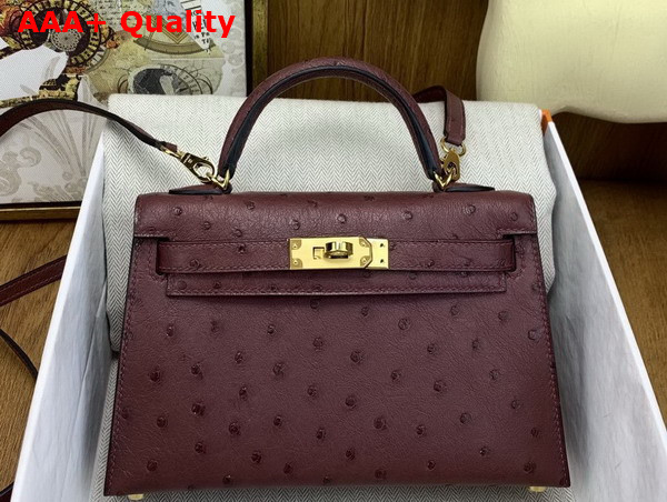 Hermes Mini Kelly II Bag in Bordeaux Ostrich Leather Replica