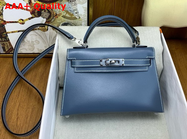 Hermes Mini Kelly II Bag in Denim Blue Box Leather Replica