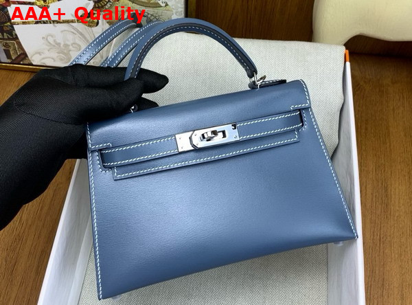 Hermes Mini Kelly II Bag in Denim Blue Box Leather Replica
