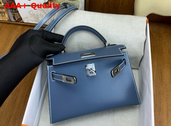 Hermes Mini Kelly II Bag in Denim Blue Box Leather Replica