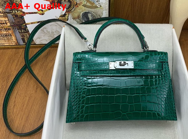Hermes Mini Kelly II Bag in Emerald Green Shiny Alligator Leather Replica