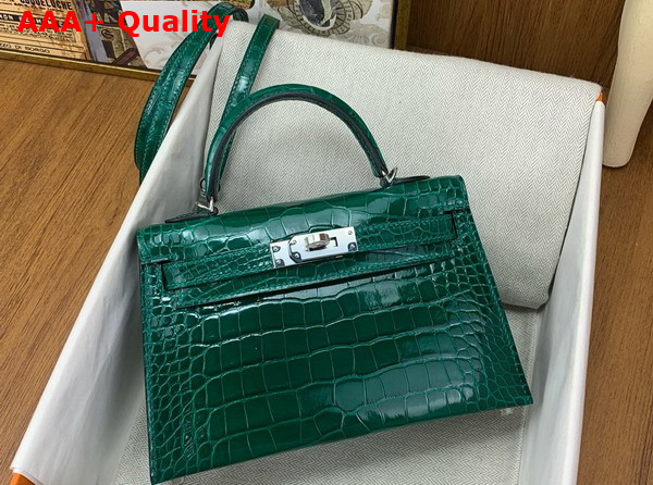 Hermes Mini Kelly II Bag in Emerald Green Shiny Alligator Leather Replica