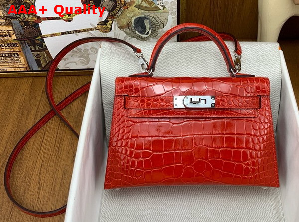 Hermes Mini Kelly II Bag in Ferrari Red Shiny Alligator Leather Replica