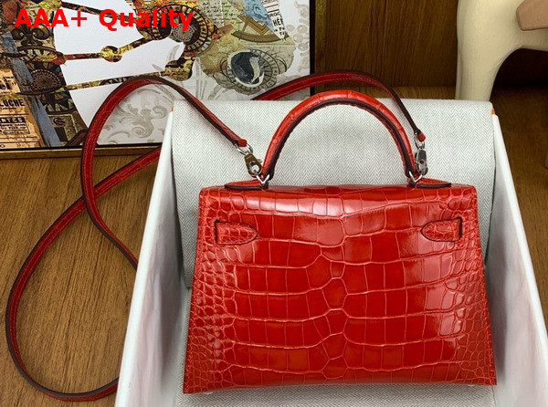 Hermes Mini Kelly II Bag in Ferrari Red Shiny Alligator Leather Replica