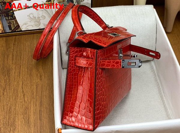 Hermes Mini Kelly II Bag in Ferrari Red Shiny Alligator Leather Replica
