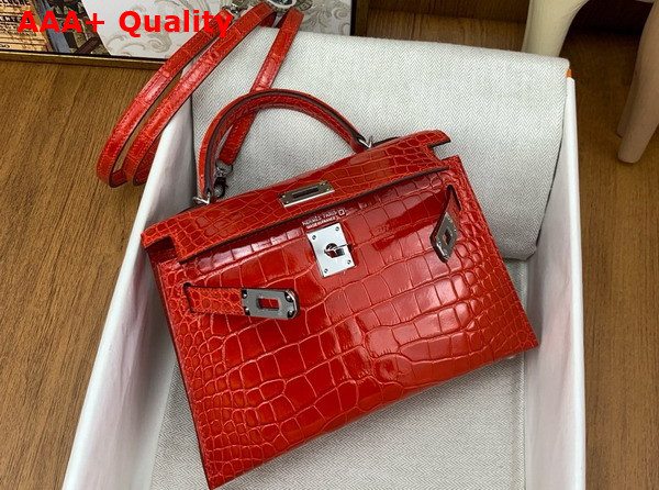 Hermes Mini Kelly II Bag in Ferrari Red Shiny Alligator Leather Replica