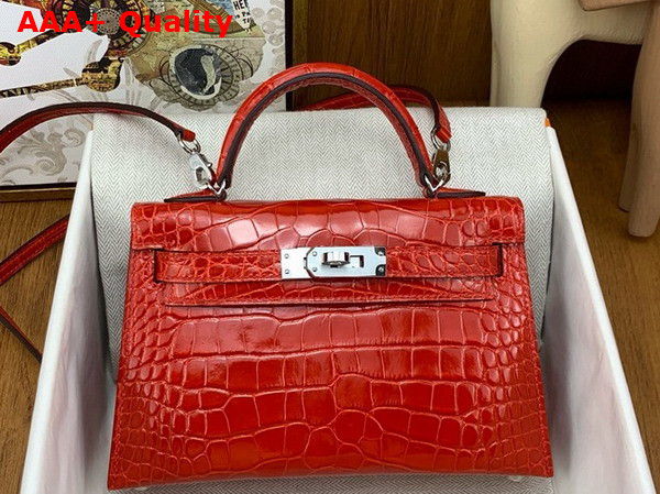 Hermes Mini Kelly II Bag in Ferrari Red Shiny Alligator Leather Replica