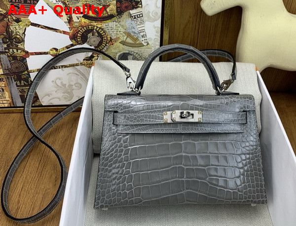 Hermes Mini Kelly II Bag in Grey Shiny Alligator Leather Replica