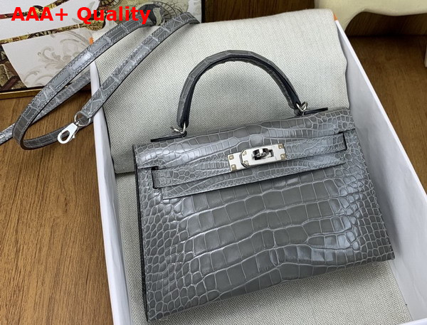 Hermes Mini Kelly II Bag in Grey Shiny Alligator Leather Replica