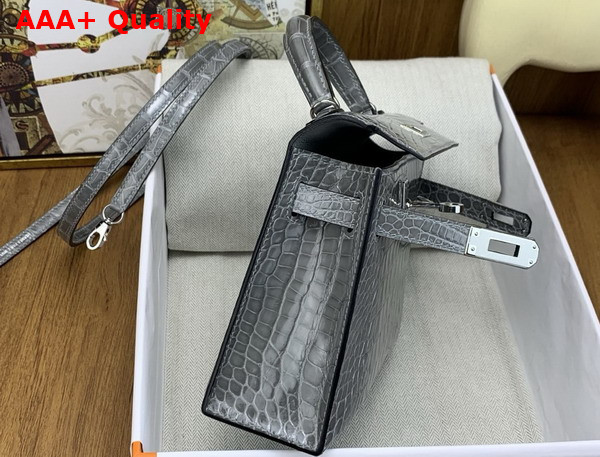 Hermes Mini Kelly II Bag in Grey Shiny Alligator Leather Replica