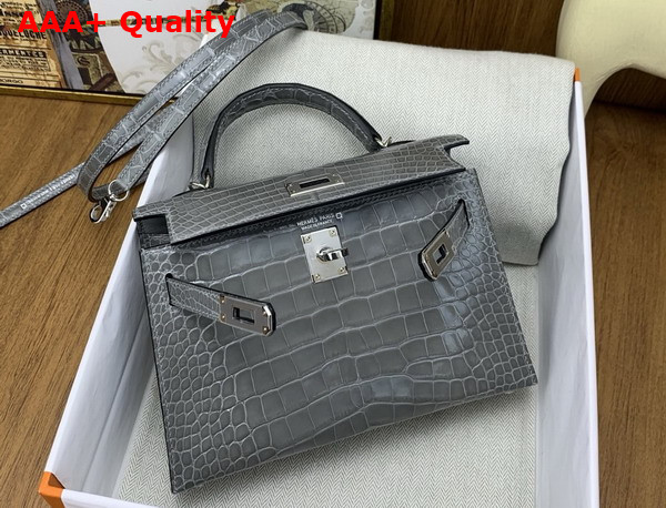 Hermes Mini Kelly II Bag in Grey Shiny Alligator Leather Replica