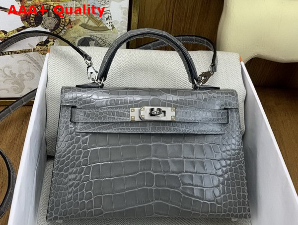 Hermes Mini Kelly II Bag in Grey Shiny Alligator Leather Replica