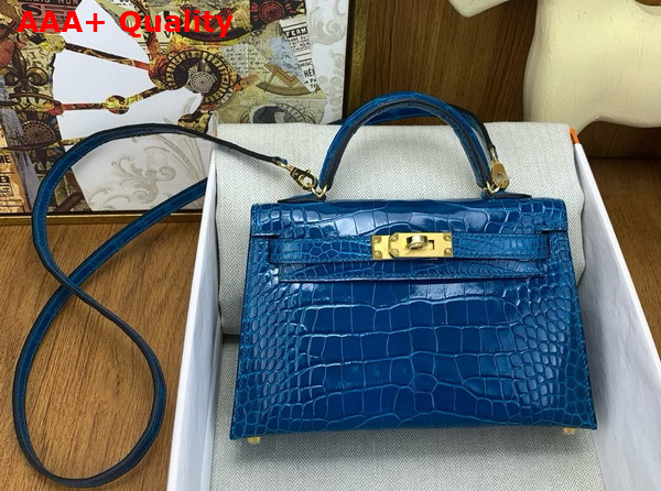 Hermes Mini Kelly II Bag in Izmir Blue Shiny Alligator Leather Replica