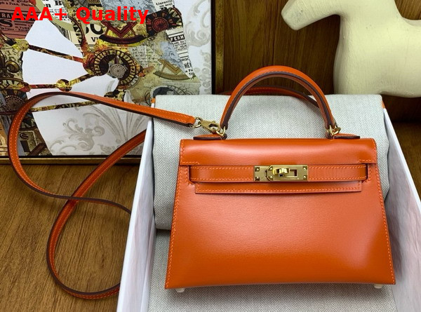 Hermes Mini Kelly II Bag in Orange Box Leather Replica