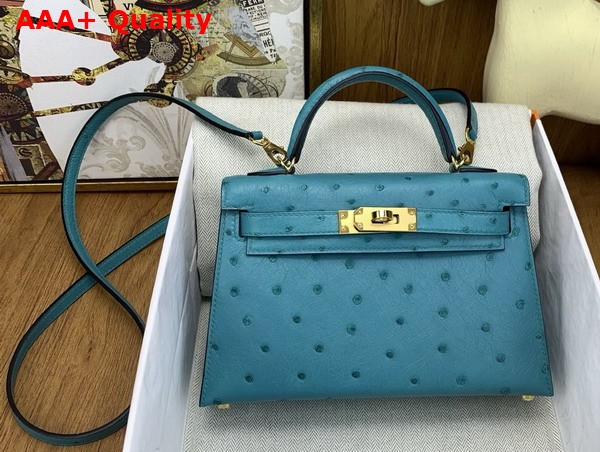 Hermes Mini Kelly II Bag in Peacock Blue Ostrich Leather Replica