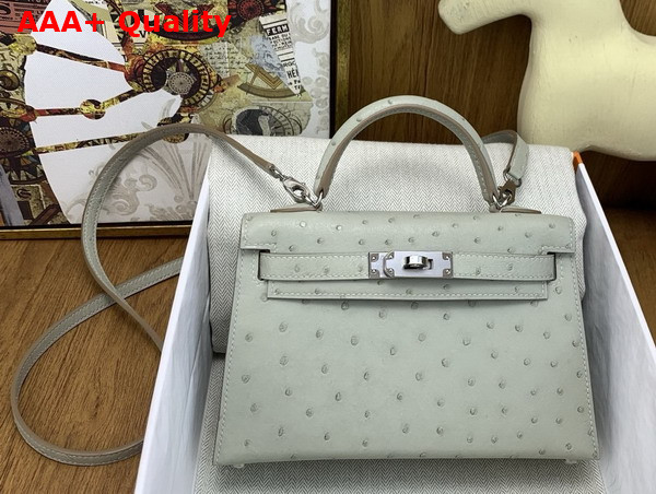 Hermes Mini Kelly II Bag in Pearl Gray Ostrich Leather Replica