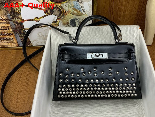 Hermes Mini Kelly II in Black Box Leather with Studs Replica
