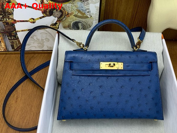 Hermes Mini Kelly II in Blue Ostrich Leather Replica