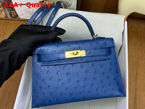 Hermes Mini Kelly II in Blue Ostrich Leather Replica