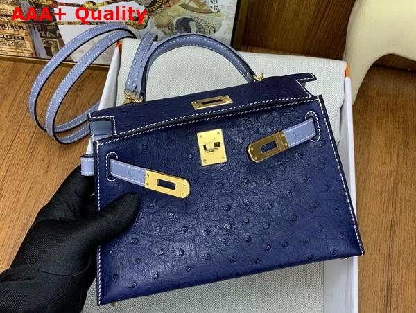 Hermes Mini Kelly II in Dark Blue and Light Blue Ostrich Leather Replica
