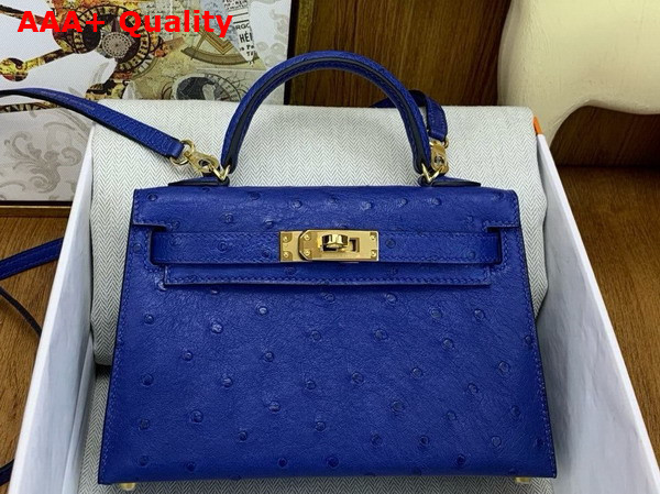 Hermes Mini Kelly II in Electric Blue Ostrich Leather Replica