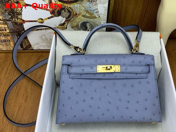Hermes Mini Kelly II in Light Blue Blue Ostrich Leather Replica