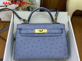 Hermes Mini Kelly II in Light Blue Blue Ostrich Leather Replica
