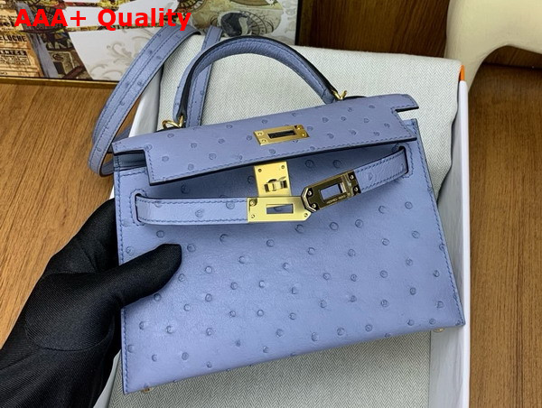 Hermes Mini Kelly II in Light Blue Blue Ostrich Leather Replica