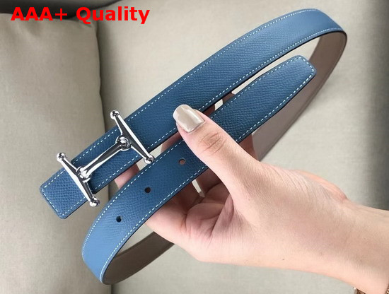 Hermes Mors H Belt Buckle Reversible Leather Strap 24mm Swift and Epsom Calfskin Grey and Blue Replica