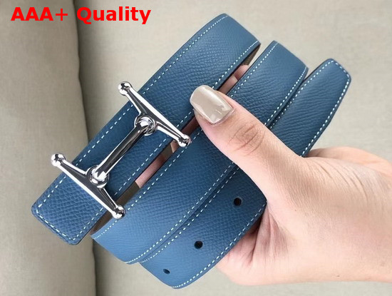 Hermes Mors H Belt Buckle Reversible Leather Strap 24mm Swift and Epsom Calfskin Grey and Blue Replica