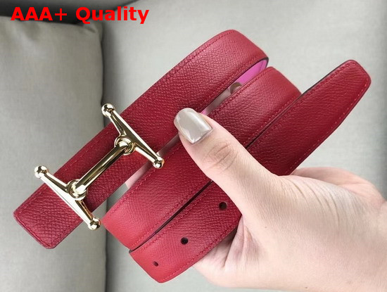 Hermes Mors H Belt Buckle Reversible Leather Strap 24mm Swift and Epsom Calfskin Pink and Red Replica