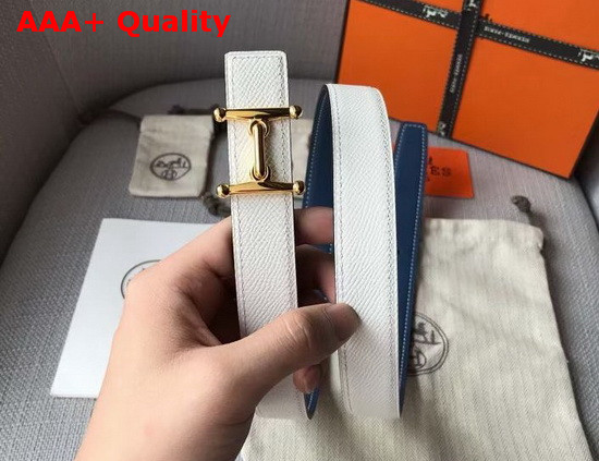 Hermes Mors H Belt Buckle and Reversible Leather Strap 24mm in Swift and Epsom Calfskin Blue and White Replica